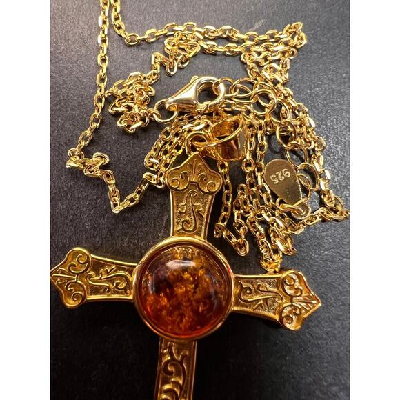 NEW Baltic Amber cross pendant in gold over sterling silver - Picture 8 of 16